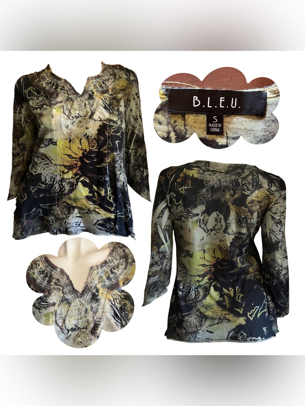 Y2k Multi Texture Whimsigoth Side Slit 3/4 Sleeve Tunic w/ Embroidered Collar